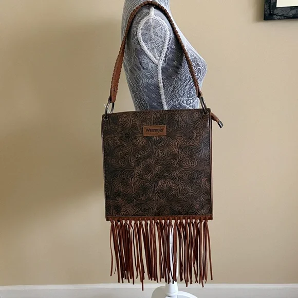 NWT Wrangler Floral Embossed Brown Fringe Shoulder Bag - Picture 1 of 9